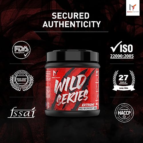 Image of MUSCLE FACTORY Wild Series Ultimate Pre-Workout Formula | Extreme blend with EAA for Energy, Strength, Mental Focus & Powerfull Pumps | (250gms - 50 servings) - Insane beast