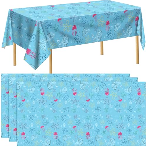 Kochorie 3 Pieces Sponge Birthday Party Decoration Tablecloth Cartoon Ocean Flower Plastic Table Cover Disposable Table Cloth for Baby Shower Birthday Party Supplies 54 x 108 Inch