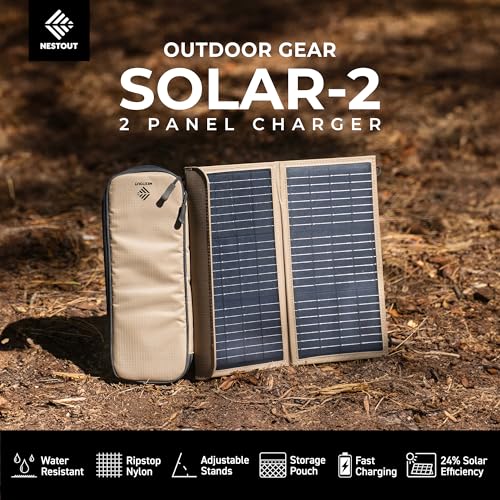Image of NESTOUT Portable Solar Panel, USB-C and USB-A Ports, 14W Solar Charger for Camping, Water Repellent Ripstop Nylon, Foldable Compact Design, Digital Ammeter, Adjustable Stand, Beige (2 Panel)