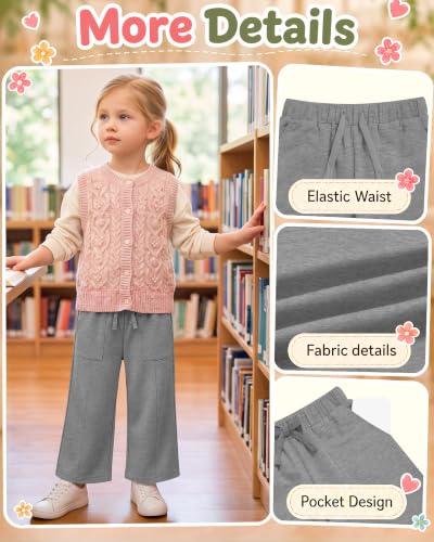 Image of Toddler Girls Wide Leg Pants | Baby Girls Sweatpants, Baggy Drawstring Pants with Pockets, Open Bottom Joggers, Back to School Trousers, for Kids 18M-5T
