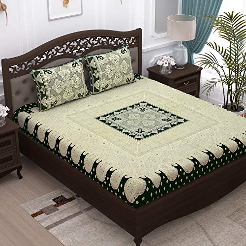 Image of Story@Home Pandora Collection 152 TC 100% Cotton Bedsheet for Double Bed with 2 Pillow Covers (90 X 108 Inch, Off White & Green)