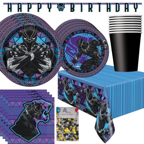 Fournitures de fête Black Panther y compris les décorations d'anniversaire Black Panther et les assiettes et vaisselle Black Panther pour 16 invités pour la fête d'anniversaire de votre enfant