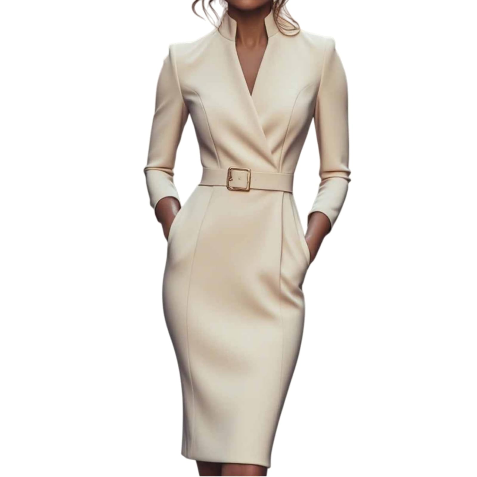 Retro Dress for Women Refined Belted Sheath Dress with Mandarin Collar Long Sleeve Elegant V Neck Blazer Office