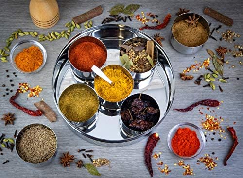 Authentic Indian Spice Tin Stainless Steel Masala Dabba Curry Cooking Spice Tiffin Tin Box Kitchen Masala Container 7 Compartments Storage Box Set (17cm)