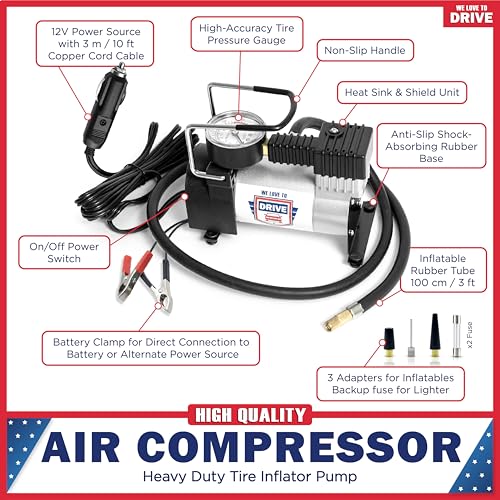 Image of Tire Inflator Portable Air Compressor - 12V DC Air Pump for Car Tires, 150 PSI Electric Air Pump with Tyre Pressure Gauge - Corded Silver by WE LOVE TO DRIVE