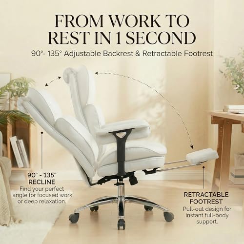 Image of Efomao Big & Tall Desk Chair, Wide Executive Office Chair with Footrest White