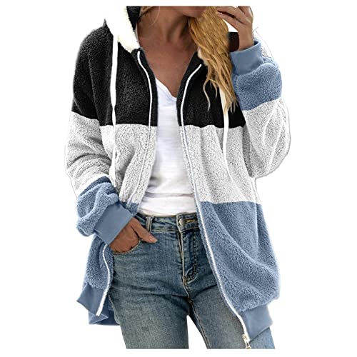 Fuzzy Fleece Jackets for Women Plus Size Hoodies Fall Winter Coats Color Block Patchwork Cardigan Coat with Pockets