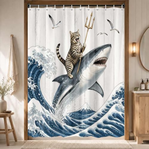 Image of Boziqr Funny Cat Shower Curtain, Cool Cat Shark Ocean Wave Bathroom Decor