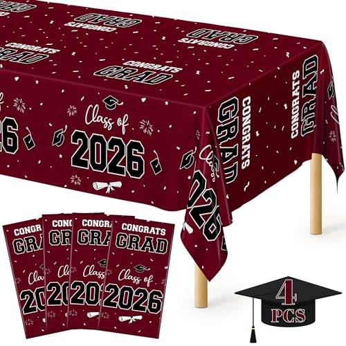 Image of QZYL 4 Pack Graduation Table Decorations 2026, 54 inch x 108 inch Maroon Graduation Table Cloths, Disposable Grad Party Decorations for Class of 2026 Congrats Grad, Rectangle Plastic Tablecover for College