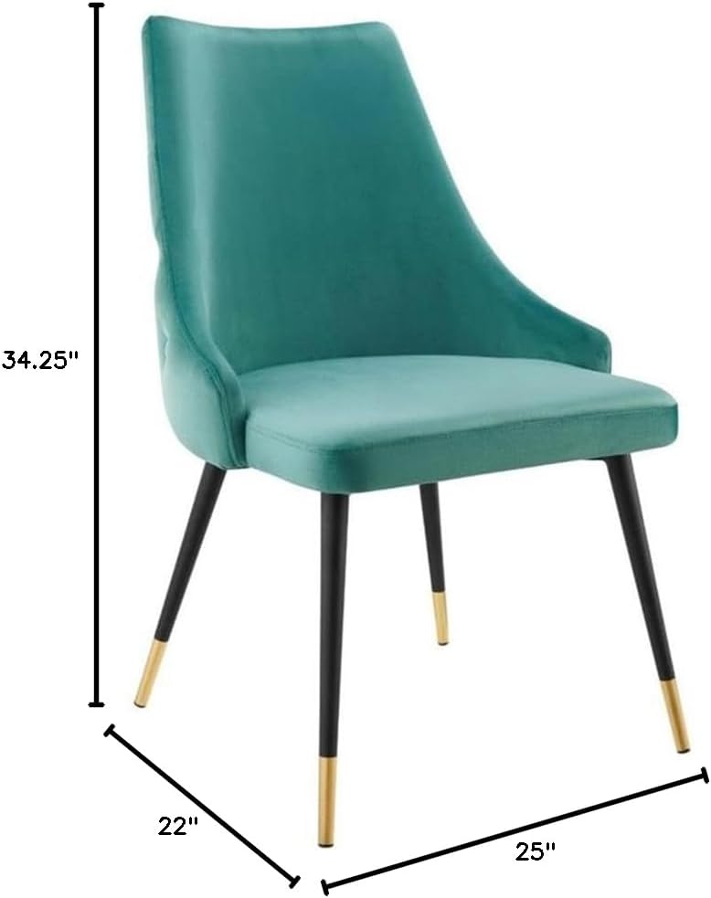 Pemberly Row 17.5" Performance Velvet Tufted Dining Side Chair, Teal Blue Finish, Dense Foam Padding, Black Tapered Legs with Gold Foot Sleeves, Stain-Resistant Fabric, Living Room or Dining Room Use