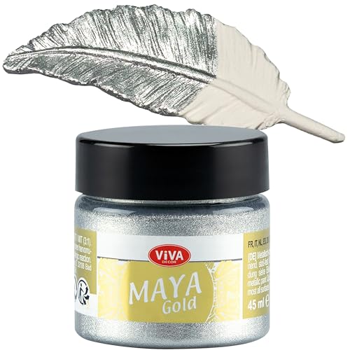 Viva Decor Maya Gold 45ml (Silber) - Metallic-Acrylfarbe für kreative Werke auf Holz, Glas und Porzellan. Stoßfest, wischfest und wetterfest für glänzende Metall- / Metallic Effekte
