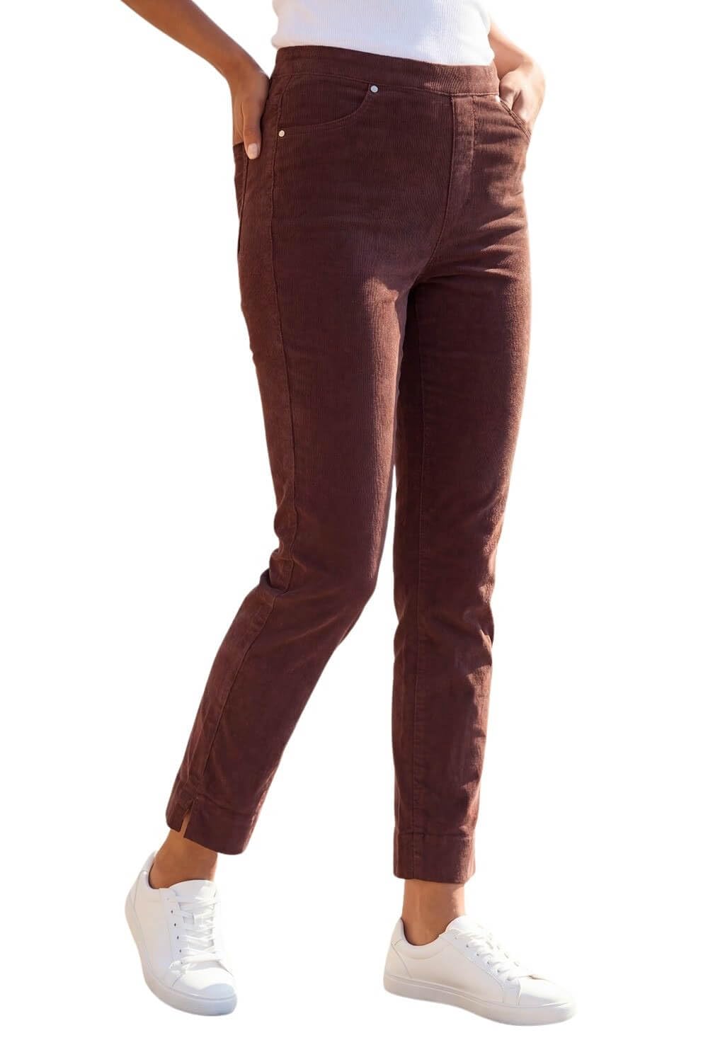 Roman Originals Corduroy Straight Stretch Jean Trouser for Women UK - Ladies Everyday Autumn Winter Comfy Soft Evening Vacation Work Party Night Out - Chocolate - Size 16