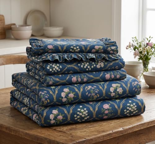 Image of DECOMIZER 300 TC Soft Cotton Feel Microfiber All Around Elastic Fitted Super King Bedsheet with 2 Frill Pillow Covers King Size (72x78) Fits Upto 12 inches Mattress | Navy Jaipuri