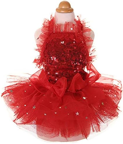 MaruPet Fashion Sweet Puppy Dog Blingbling Princess Skirt Pet Dog Lace Cake Camisole Tutu Dress Red XS