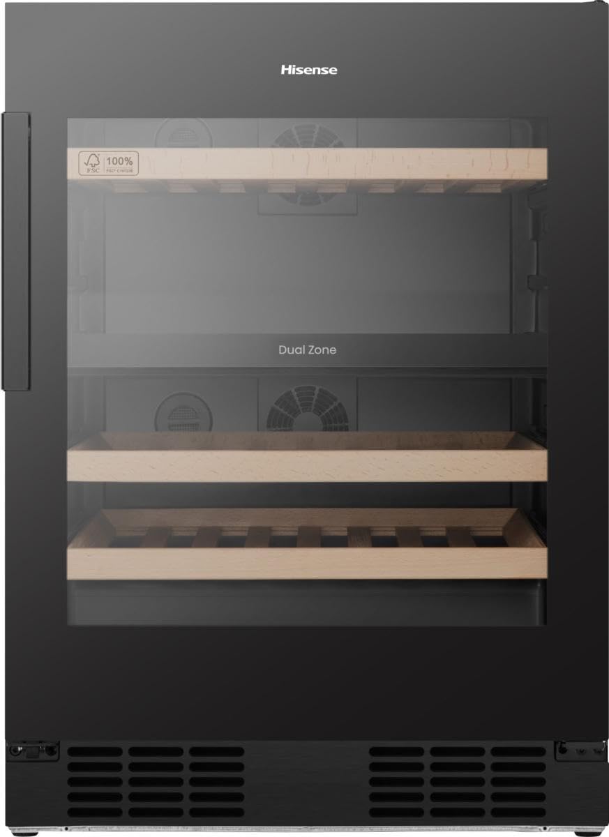 Hisense RW3N122GSLF - Frigorifero per vino, autoportante/EEK F/46 bottiglie/WIFI/fronte in vetro UV/DualZone/Multi Air Flow/Ripiani in legno di faggio, chiusura morbida, 81,9 x 59,5 x 57,5 cm, colore: