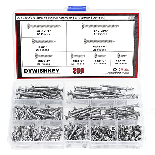 Kit 200 tornillos autorroscantes #8 cabeza plana Phillips acero inoxidable miniatura 1