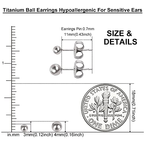 Ball Stud Titanium Earrings,Hypoallergenic for Women High Polished Colored for Sensitive Ears, 3mm and 4mm Pure Titanium Nickel-Free Lead-Free2