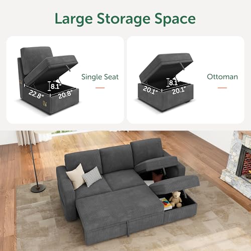 Image of HONBAY Modular Sectional Sleeper Sofa with Pull Out Bed, L Shaped Sofa with Storage, Modular Sectional Couches for Living Room, Dark Grey