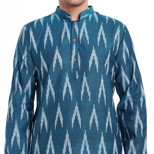 Image of SKAVIJ Men's Pure Cotton Printed Kurta Pajama Set Ikat Design Casual Ethnic Dress