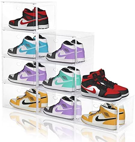 Yukui LLc Large Clear Shoe Boxes Stackable,8 Pack Plastic Stackable Shoe Storage Boxes with Clear Magnetic Door,Shoe Storage Containers And Organizer,Shoe Case Sneakers Storage Fit US Size 14 Clear
