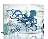 yowecso Ocean Octopus Wall Art Nautical Octopus Paintings Prints Navy Blue Artwork Ocean Sea Life Decorations Canvas for Bathroom kitchen Bedroom Living Room 16'x12'