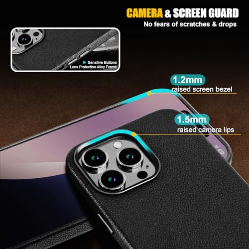 Image of Genuine Leather Case for iPhone 14 Pro Compatible with Magsafe Black | Non-Slip Pebbled Genuine Leather, Slim Fit, Super Magnetic, Compatible with Wireless Charging, Metal Buttons, Camera Bezel