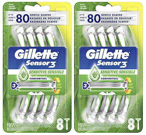 Gillette Sensor3 Sensitive Men's Disposable Razor, 8 Razors (Pack of 2)