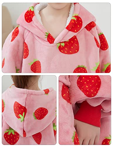 Kfubuo Wearable Blanket Hoodie For Kids Sherpa Patterns Oversized Sweatshirt Blanket With Pocket 6-10 Year Old Girl Cute Hoodies Gift Strawberry #TOP4