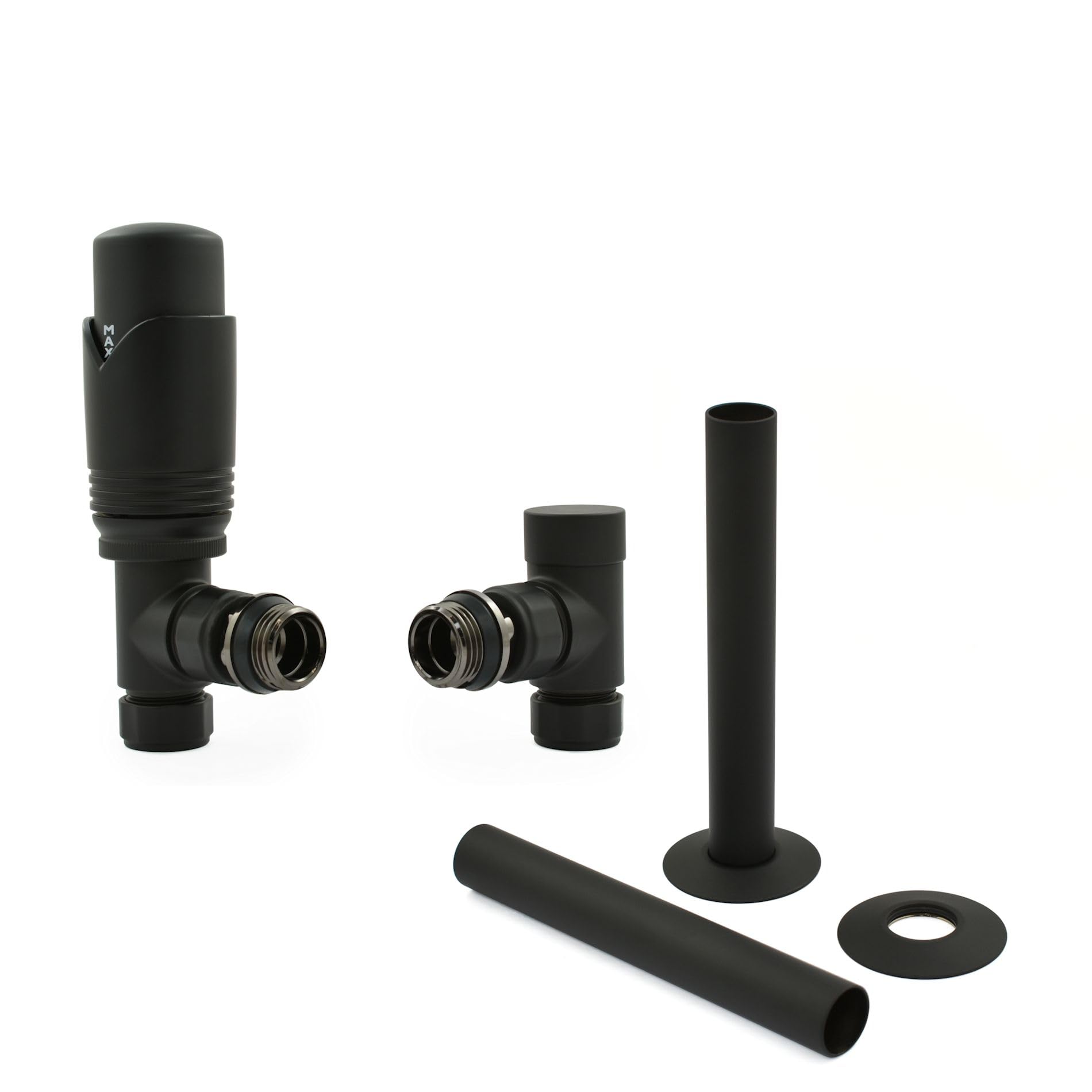 Hot Flow Satin Black Marella Modern Thermostatic Radiator Valve Angled TRV. Includes Angled TRV Body, Wheel Head, Lock Shield & Pipe Sleeve for Quick & Easy Temperature Control.