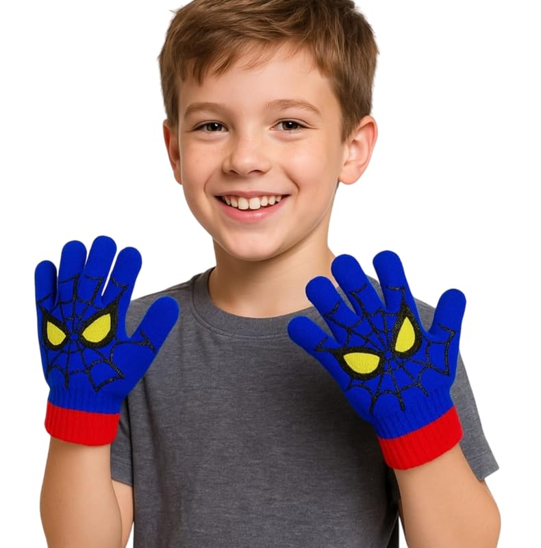 VINSON Kids Riding Gloves, Red Hero Cartoon Print Outdoor Thermal Anti-Slip Palm Design, for (4-5 Years) (Blue) - Image 2 thumbnail