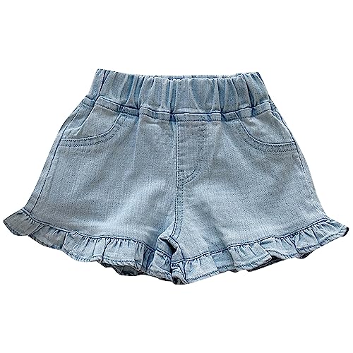 Girls Ruffle Hem Flared Denim Shorts Toddler Vintage Bootcut Jean Shorts Elastic Waist Distressed Jeans with Pockets