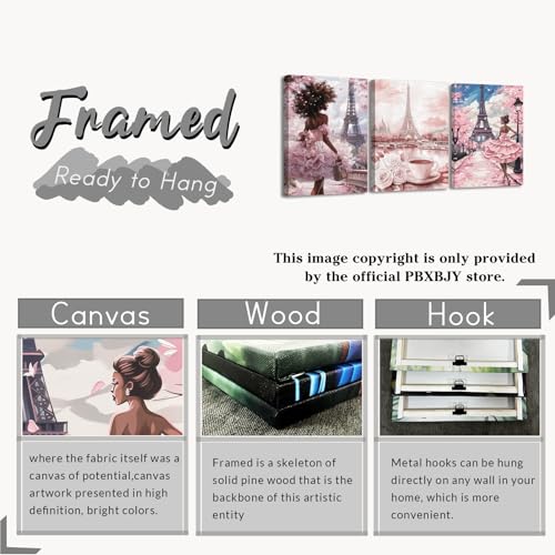 Image of PBXBJY Paris Wall Art Eiffel Tower Pictures 3Pcs African American Paintings Abstract French Landscape Posters Elegant Women Canvas Prints Black Girls Bedroom Decor (Pink, (16 inch x 24 inch x 3PCS))