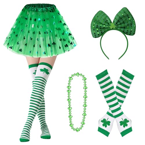 Ninewheat 5PCS St. Patrick's Day Accessories Women Leprechaun Costume with Bow, Headband, Necklace, Tutu Skirt, Stocking(Medium)