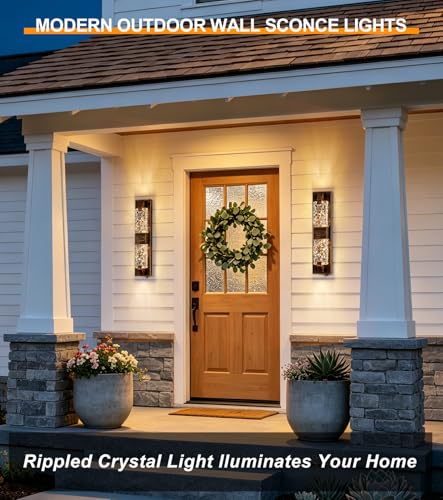 Image of Outdoor Porch Light, 18.5 inch Rustic LED Dusk to Dawn Wall Sconce Light | Rustic Wood-Grain,Crystal Glass Shade, IP65 Waterproof,12W 3000K Hardwired, Rust-resistant for Entryway /Garage /Patio /Doorway.