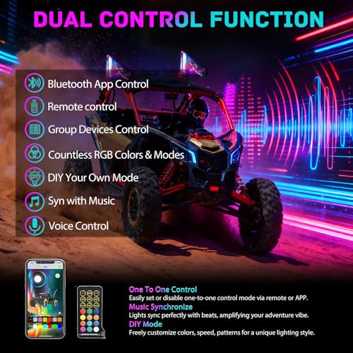 Image of Nilight LED Whip Light 2 PC 2FT COB RGB Spiral Lighted Antenna with Spring Base, Bluetooth App & Remote Control DIY Chasing Patterns & Music Sync Safety Whips for ATV UTV RZR Polaris Can-Am Truck
