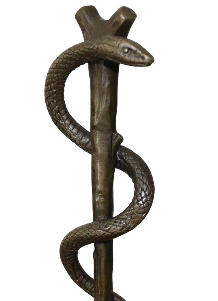 Bronzefigur Bronzeskulptur Äskulapstab Schlange aus Bronze auf Marmorsockel H 38 cm Deko Figur
