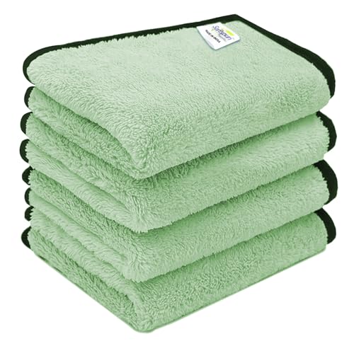 Image of SOFTSPUN Microfiber Baby Hand & Face Wipes 280 GSM 20x30 Cms 4 Piece Towel Set Green! Super Soft & Comfortable for Newborn Baby and Kids Quick Drying Ultra Absorbent in Small Size.