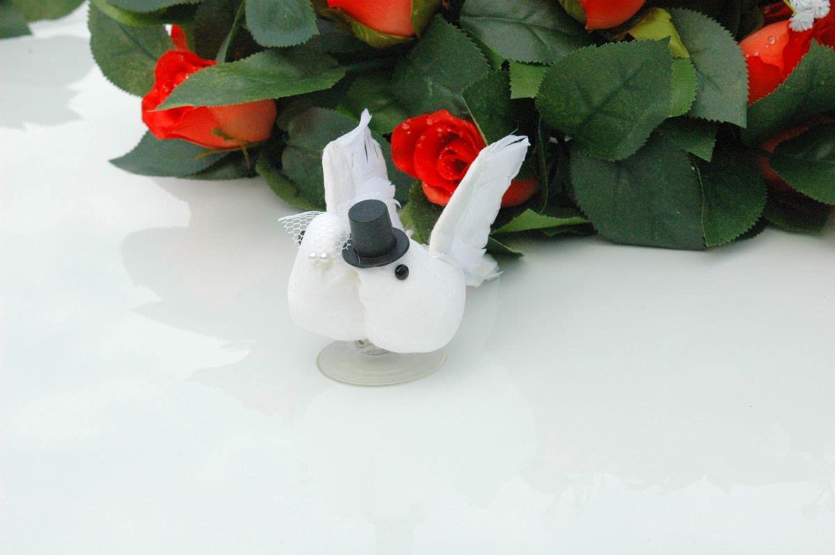 Véritable bouquet de roses - Décoration de voiture - Couple de roses - Colombes - Cœurs - Décoration de voiture de mariage (thé + colombes)