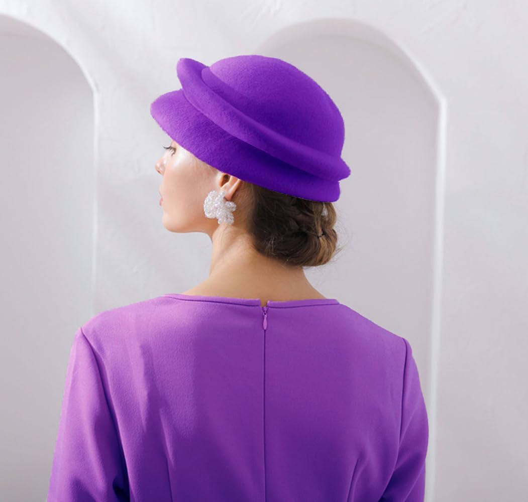 Women's Vintage 100% Wool Felt Cloche Bucket Bowler Hat Winter Vintage Bow Fedoras Church Derby Fascinator Hat image 3