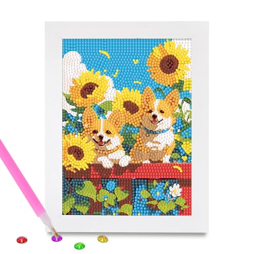 PERFECTSIGHT Cute 5D Diamond Art Kits with Wooden Frame, Kawaii DIY Painting Art for Adults Teen, Diamond Arts and Crafts Sets, Big Gem Full Drill Diamond Dots for Home Wall Decor (Corgi)