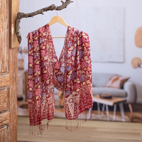 NOVICA Artisan Handmade | 100% Silk Batik Shawl Artisan Wrap Red Shawl | Lightweight Silk Shawl | Handmade Silk Batik Shawl | Travel Silk Shawl | Silk Scarf For Women | Patterned Floral Wine Garden3