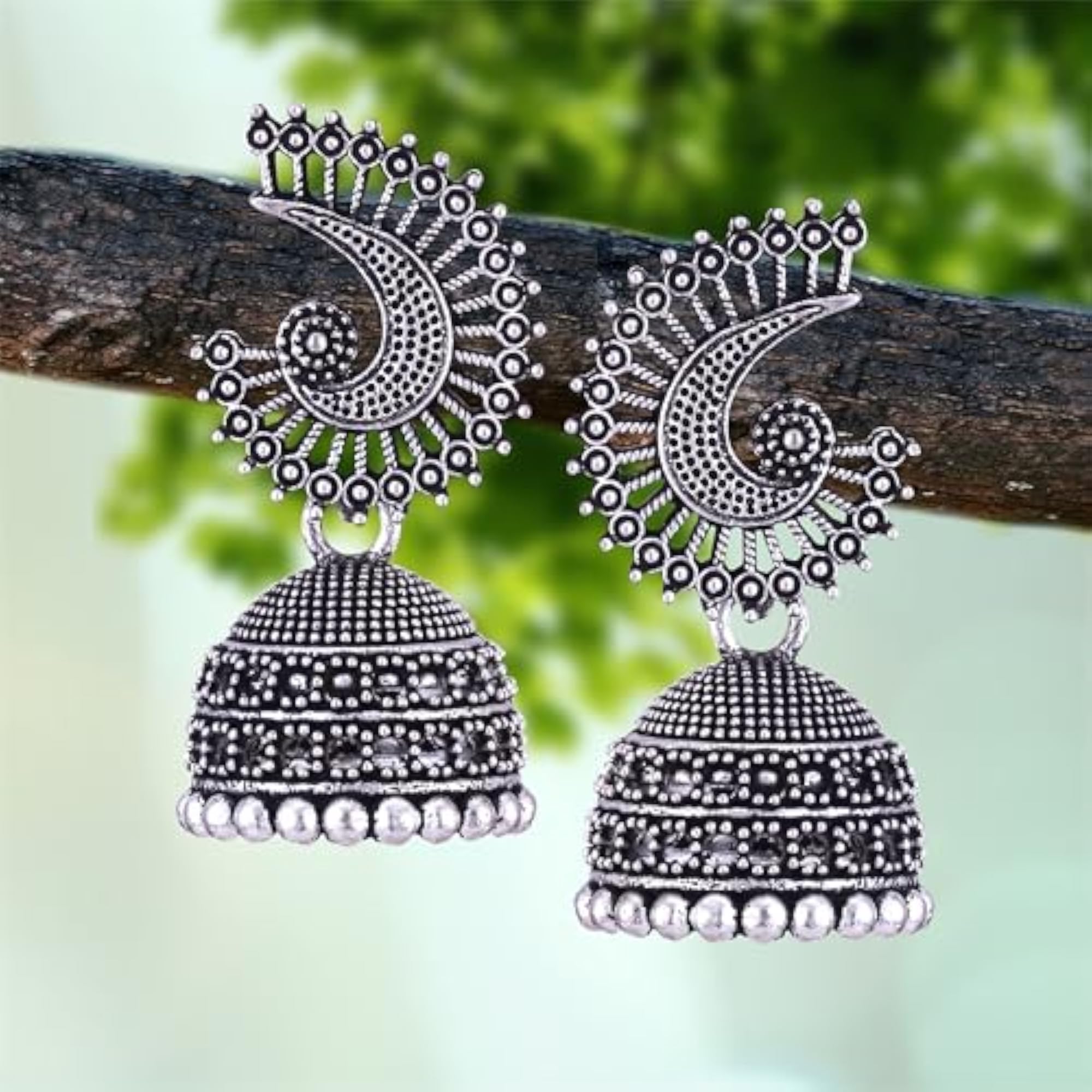 Women's Oxidised Silver Traditional Jhumka Earrings with Pearl Accents