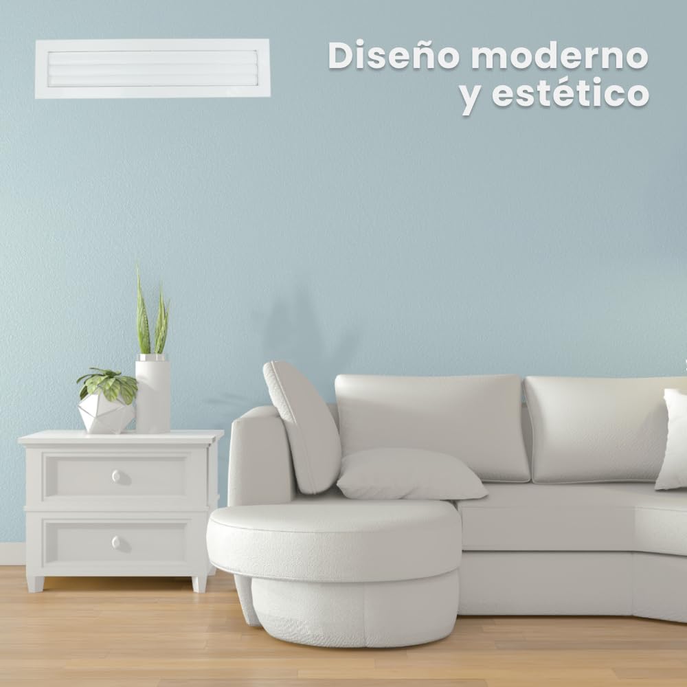 Rejilla Ventilacion Rectangular Blanca Lama Curva Horizontal para Aire Acondicionado con Marco para Conductos de Aire Acondicionado (300x100)
