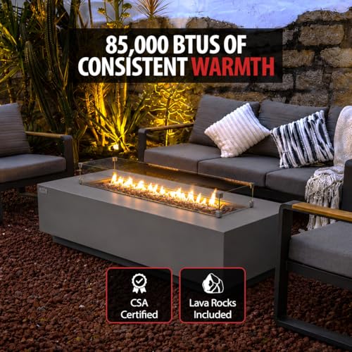 Image of AMS Creations | Savanah 72 inch Bundle Rectangular Cast Concrete Propane Gas Fire Pit Table | Light Gray | Smooth Texture Surface | Electronic Ignition | Outdoor Patio Heater Outside Backyard Fireplace