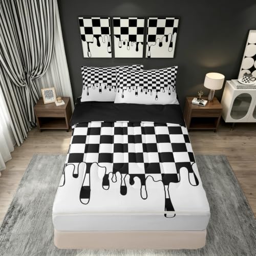 Image of Black White Checkered Cute Zip Up Bedding Full for Girls Boys,Checkerboard Drip Comforter Set with Elastic Fitted Sheet,Soft Indie Aesthetic Funky Geometric Kawaii Bedspread for Teens Bedroom Decor