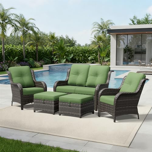 Image of Joyside 5 Piece Wicker Patio Furniture Set, Rattan Patio Chairs with High Back, Deep Seating, Wide Armrest, Thickened Cushions, Outdoor Furniture for Deck, Porch Use