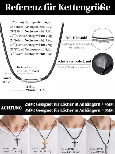 ChainsHouse Männer Halskette 3mm Lederband Kette mit Verschluss Herren Leder Lederband Schwarz Halskette 46cm Geflochtene Lederkette Schwarz Herren Kunstlederband Halsband Schmuck für Valentinstag
