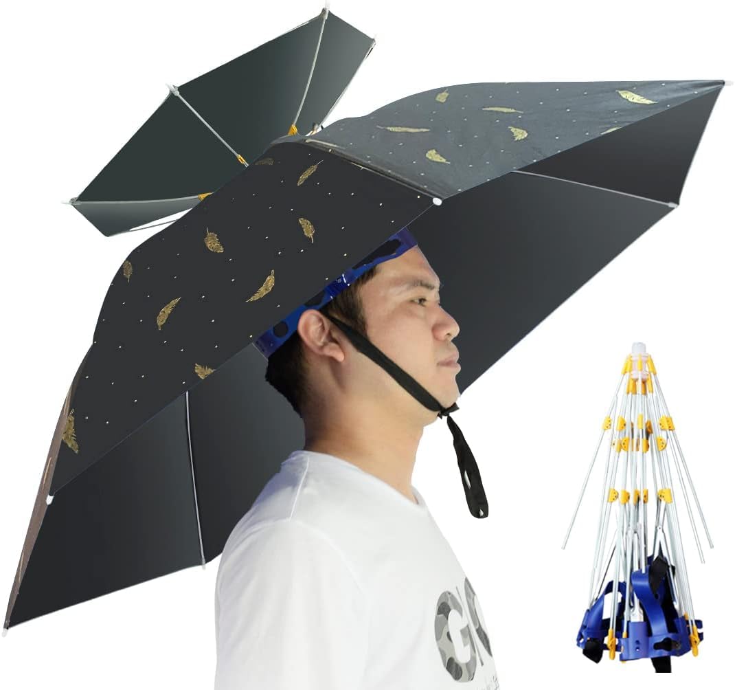 Sponsored Ad – Umbrella Hat, 37.4” inch Hands Free Umbrella Cap Folding Adjustable Sun Rain Cap UPF 50+ UV Protection Large 7-Ribs Waterproof Headwear for Fishing Golf Gardening Sunshade Outdoor Headwear