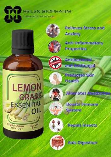 Image of Heilen Biopharm Lemongrass Essential Oil - 100 mL Per Bottle Pack of 1, For Overall well being Insect Repellent & Aromatherapy