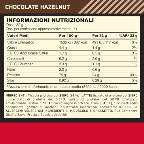 Optimum Nutrition Gold Standard 100% Whey, Proteine, Gusto Cioccolato E Nocciola, 2.27Kg, 71 Porzioni - 9